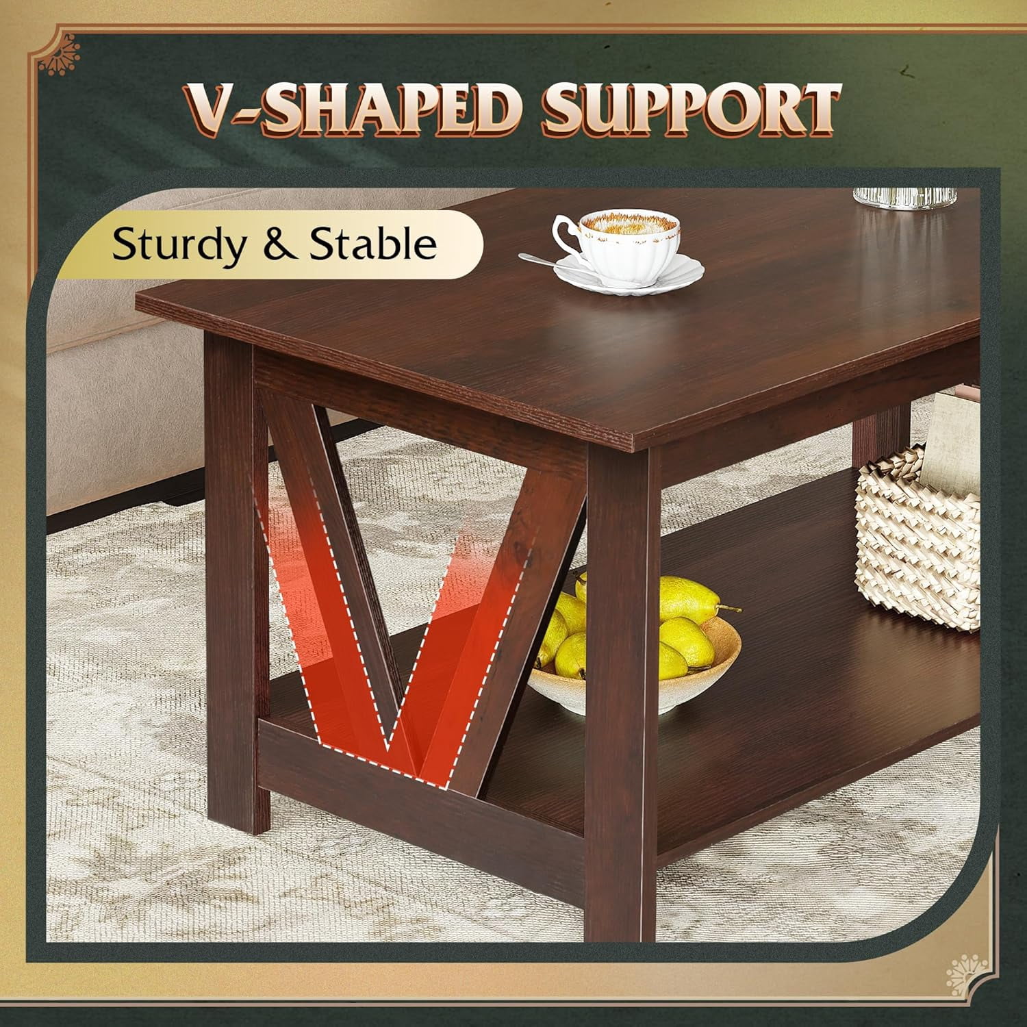 GALAXHERO 39.4" Coffee Table with Storage Shelf Farmhouse Coffee Table with V-Frame Support 2-Tier Wood Rustic Center Table for Living Room, Bedroom & Balcony, Espresso