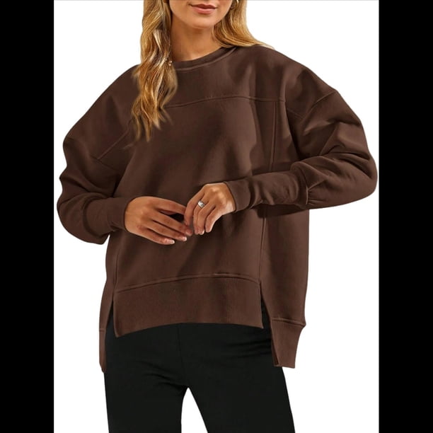 Sudadera Informal de Cuello Redondo para Mujer, -Otoño 2025, Larga, Abertura Lateral, Sudadera para Hacer Ejercicio. Color Café XL