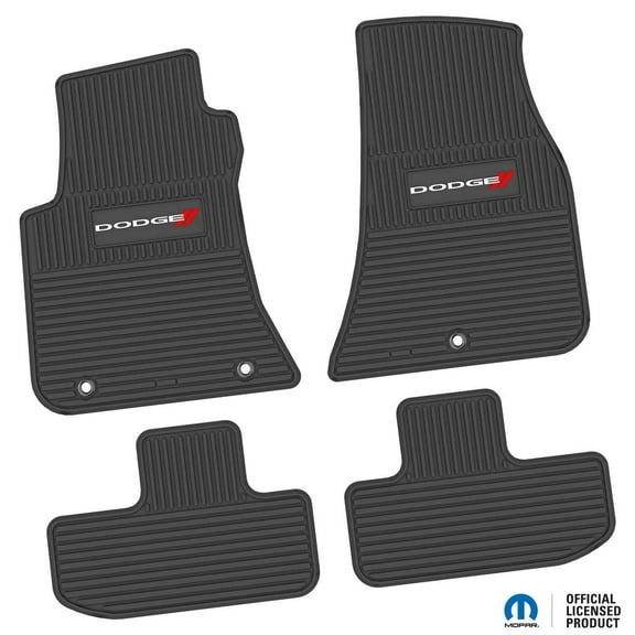 Flextread Floor Mats for 11-24 Dodge Challenger RWD - Mopar Licensed Factory Fit - Black w/ White 'Dodge' and Red 'Stripes' Insert - Custom Vintage - 100% Made in USA