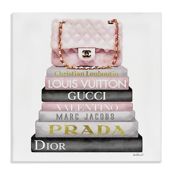 Watercolor High Fashion Bookstack Padded Pink Bag Beauty & Fashion Gallery-Wrapped Canvas Print Wall Art, 17x17