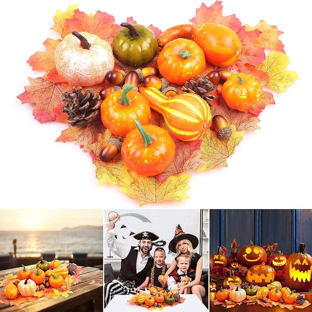 Decoración de calabazas artificiales, juego de 50 calabazas artificiales para decoración otoñal, minicalabazas falsas, piñas, hojas de arce, bellotas, granadas y variedad