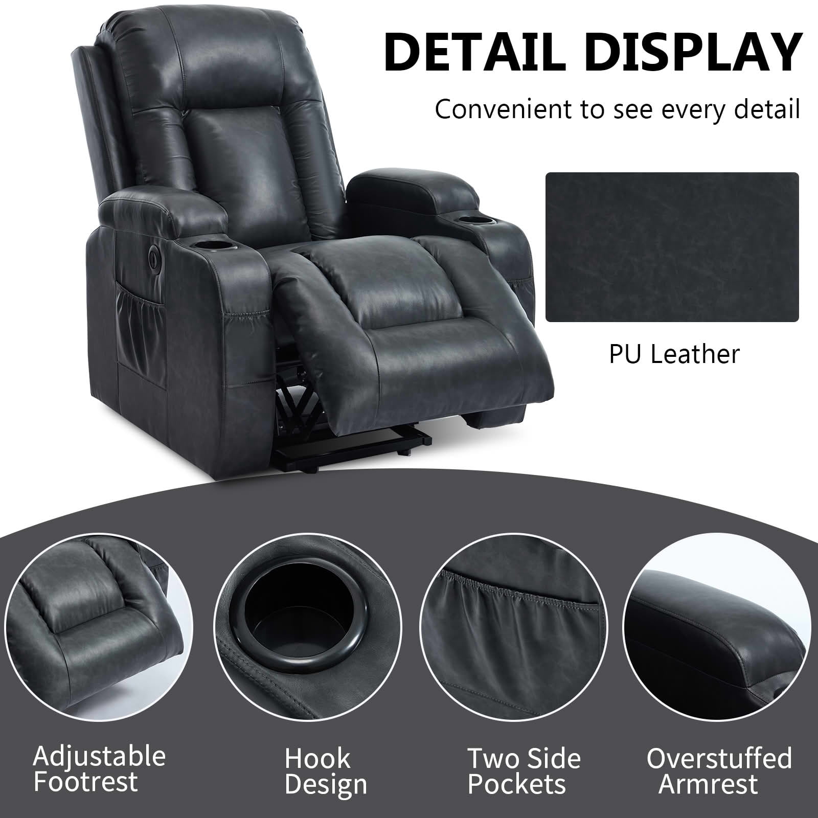 MAYEERTY Gray 350 lbs PU Power Lift Recliner Chair, 8-Point Massage Heat USB Cup Holders for Elderly Living Room