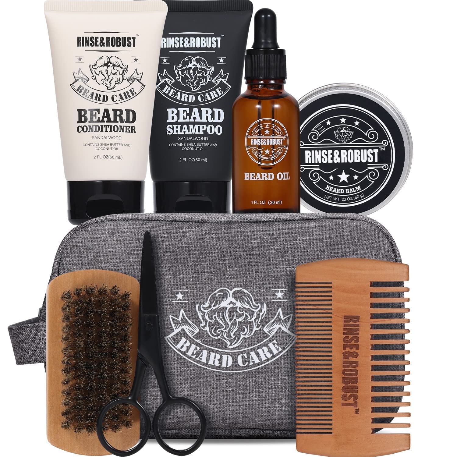 Beard Grooming & Trimming Kits for Men Gift Ideas - 8Pcs Sandalwood Beard Care Kits with Traveling Bag & Wash & Conditioner, Gift Sets for Men Husband