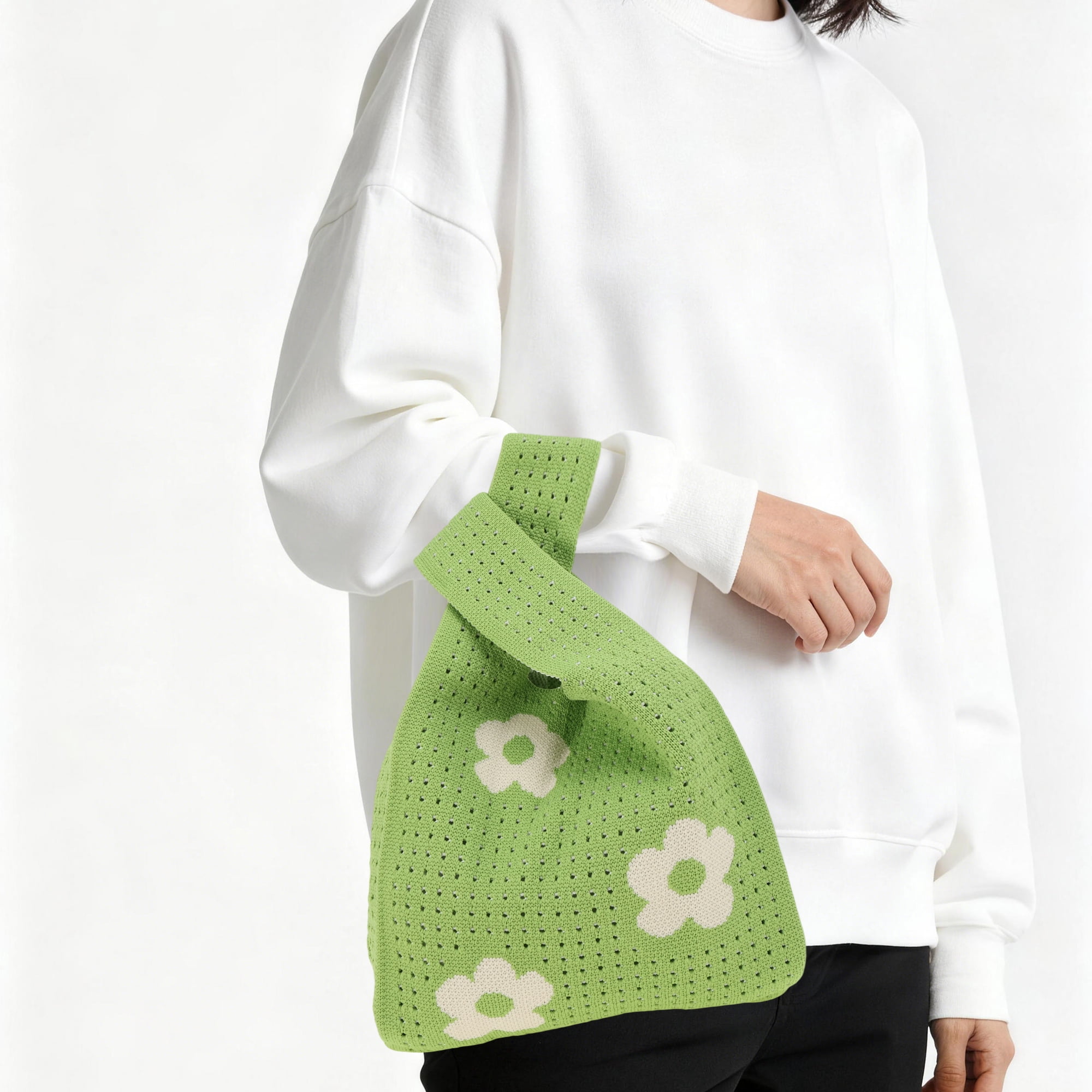 Unique Bargains Stylish Openwork Flower Knitted Wrist Bag for Everyday Use Green