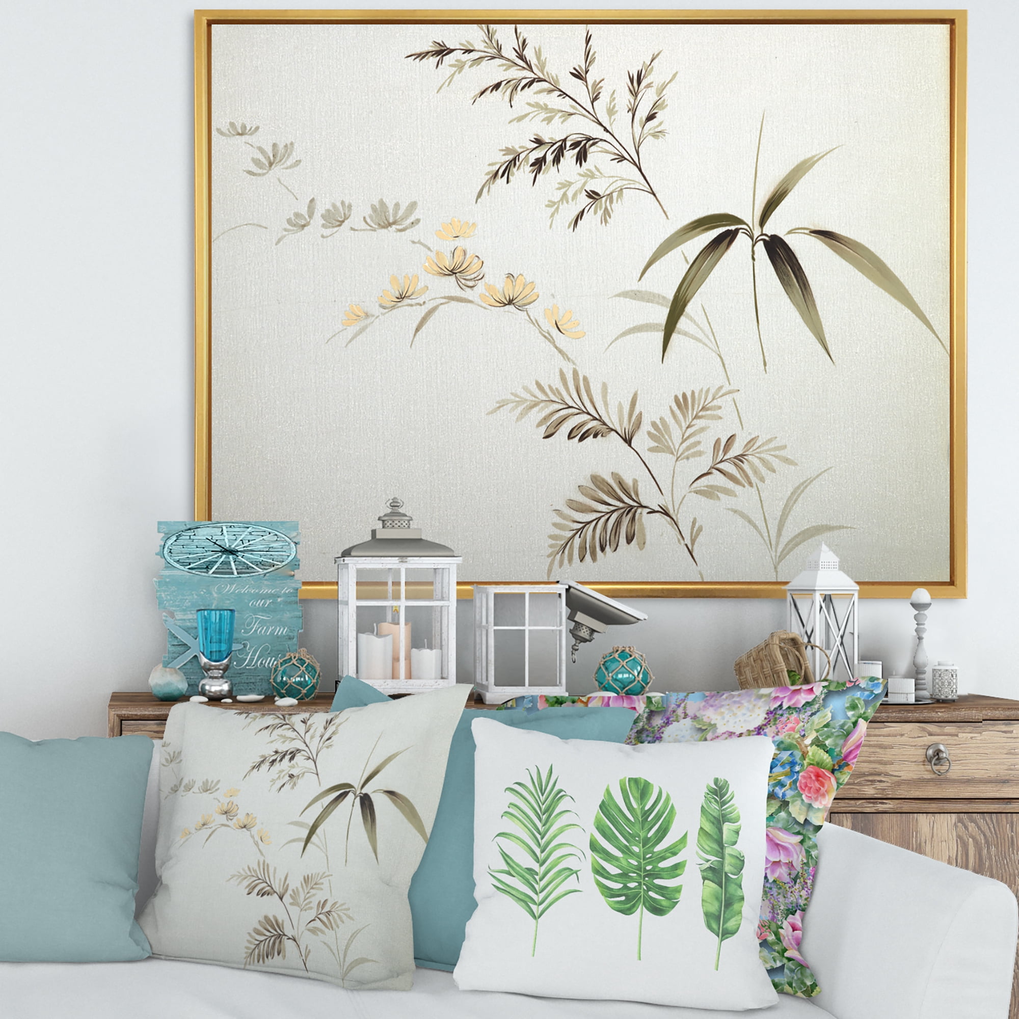 Designart 'Abstract Retro Drawing of Flowers III' Vintage Framed Canvas Wall Art Print