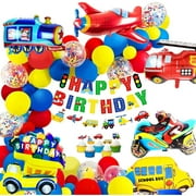 Transportation Birthday Decoration for Boys Happy Birthday Banner Cars School Bus Train Fire Truck Motorcycle Plane Foil Balloons Transport Vehicles Cake Topper Kids 2nd Birthday Decor