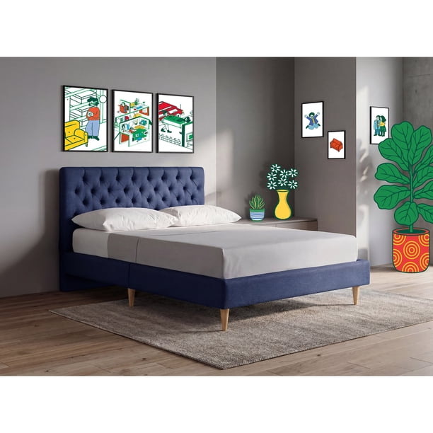 Cama Matrimonial Makora Velaria Azul Tapizada en Tela Tipo Velvet (No Incluye Colchón)
