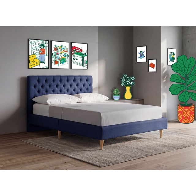 Cama Matrimonial Makora Velaria Azul Tapizada en Tela Tipo Velvet (No Incluye Colchón)