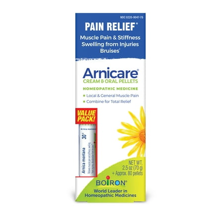 Boiron Arnicare Cream & Arnica Montana 30C, Homeopathic Medicine for Pain Relief, Muscle Pain & Stiffness, Swelling from Injuries, Bruises, 2.5 oz Cream and 80 Pellets Value Pack