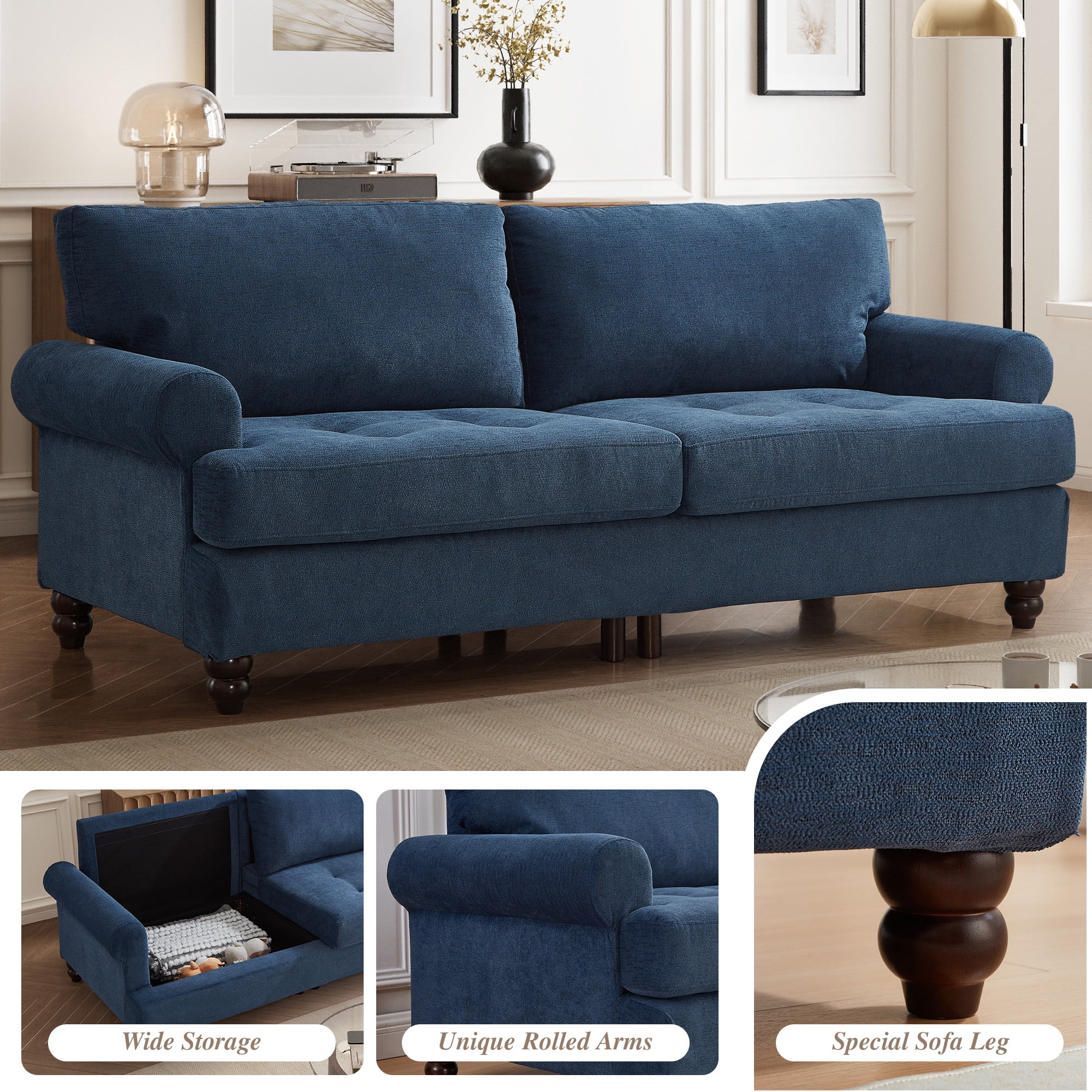 Me'on 81" Rolled Arm Sofa Couch with Storage, Mid Century Modern Decor Upholstered Couches for Living Room, Button Tufted Loveseat for Bedroom, Blue