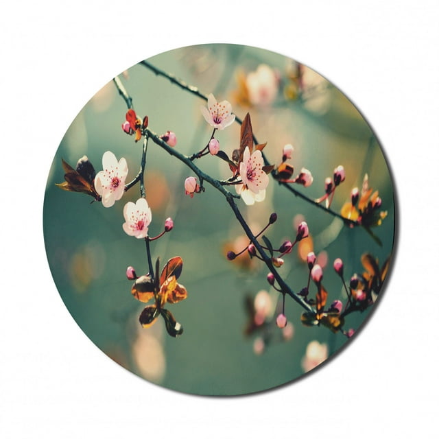 Nature Mouse Pad for Computers, Spring Themed Floral Flowering Japanese Cherry Sakura Photo, Round Non-Slip Thick Rubber Modern Gaming Mousepad, 8" Round, Forest Green Pale Pink, by Ambesonne