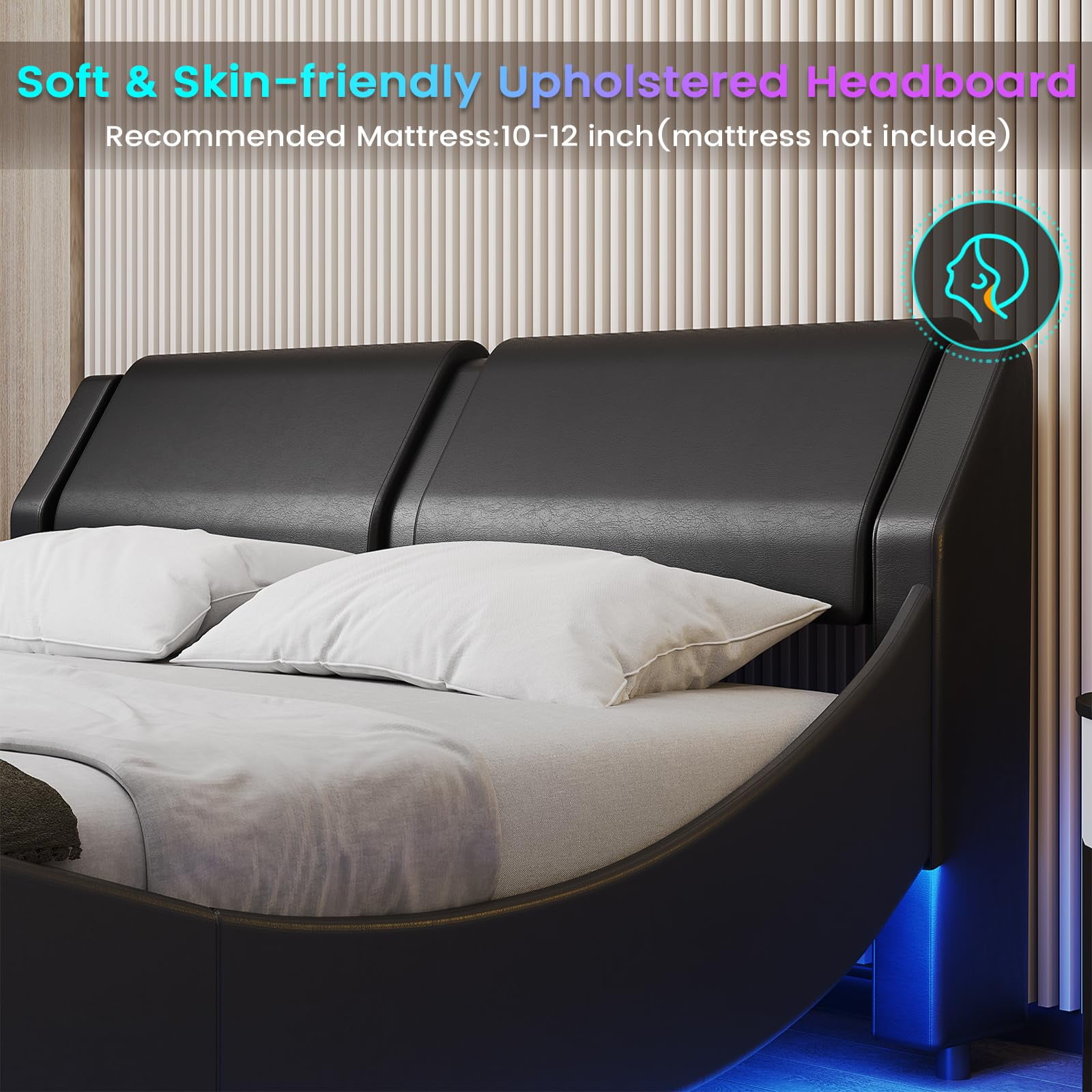 King Size Bed Frame with LED Lights Modern King Led Bed Frame with Upholstered Headboard Faux Leather Low Profile Platform Bed Frame Wave Like Curve Bed Frame,No Box Spring Needed,White