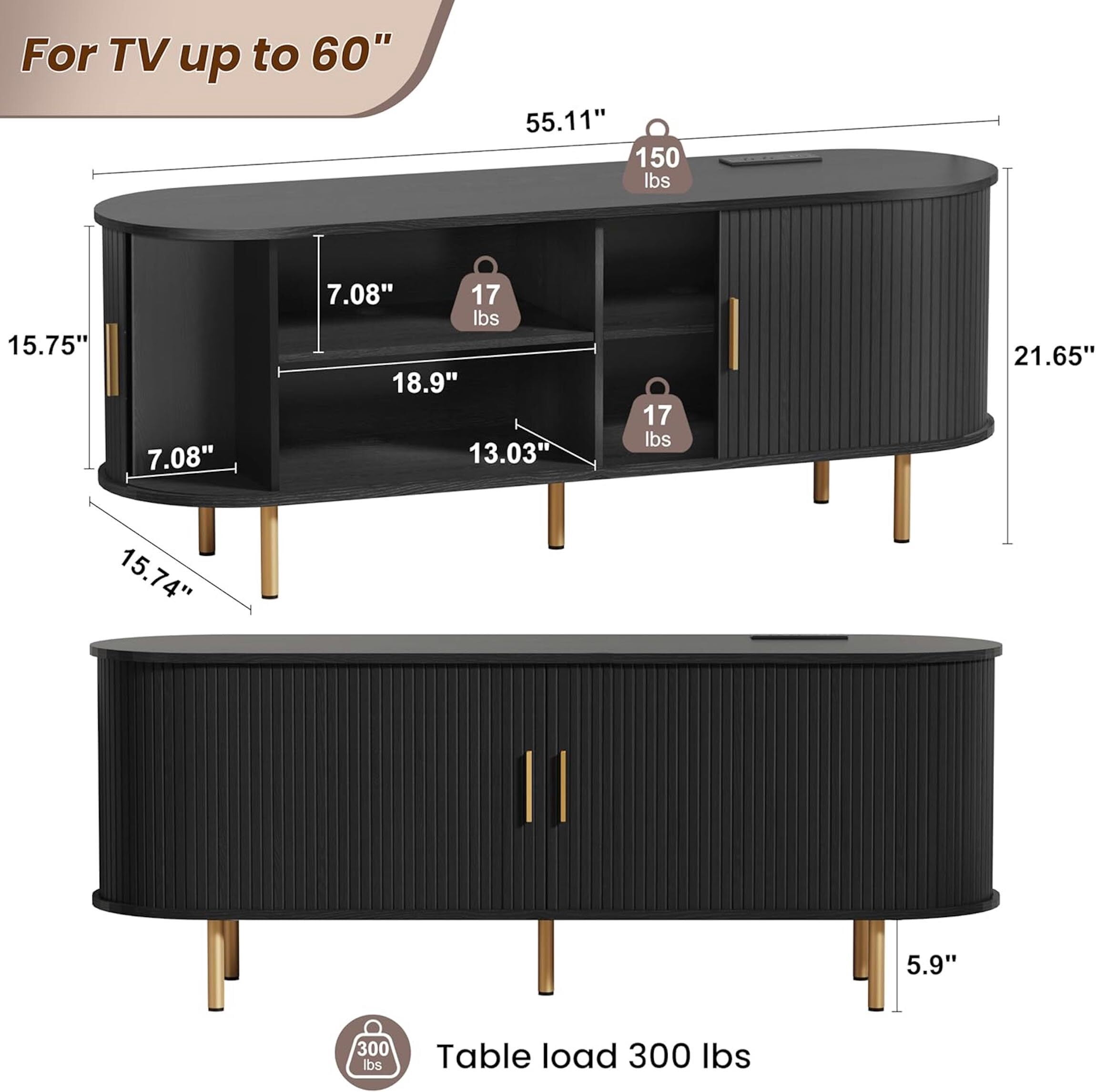 Aisword 55 Inch TV Stand with Power Outlet for TVs up to 60 Inch, Entertainment Center with Storage and Adjustable Shelves, Media Console with Sliding Doors for Living Room, Black