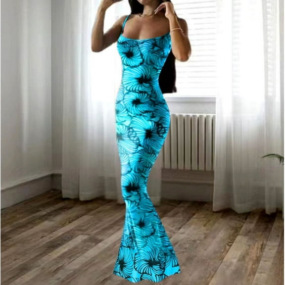 BONIXOOM Women's Formal Dresses Multi-theme Party Round Neckline Tab Sleeveless Bandeau Dress Printed Sky Blue Dresses