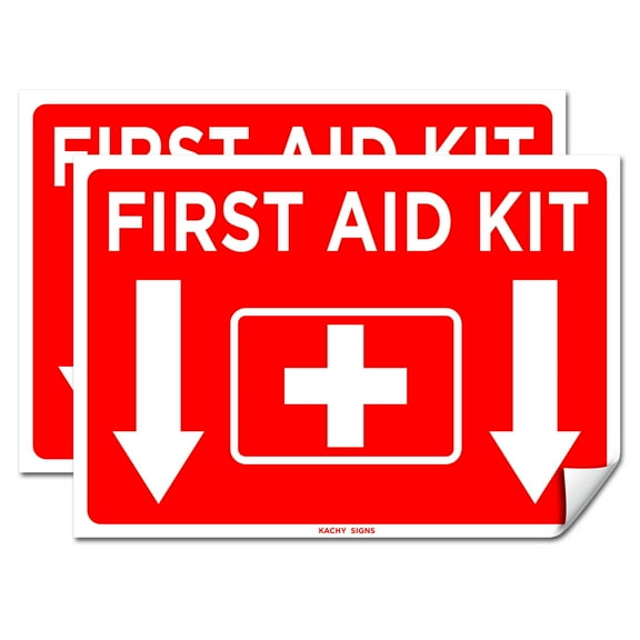 (Set of 2) First Aid Kit Sign Sticker Red 10" x 7" - Durable Self Adhesive 4 Mil Vinyl - Laminated - Fade & Scratch Resistant - Waterproof - Emergency Safety First Sign For Home, Office or Restaurant