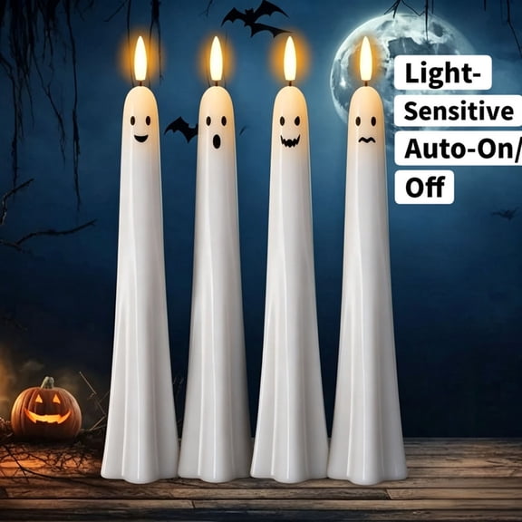 4 Pack White Halloween Ghost Flameless Taper Candles, Real Wax LED Candles with Flickering 3D Wick, Light-Sensitive Auto-/Off Indoor Table Decor, 1.6 x 9.5 inch A