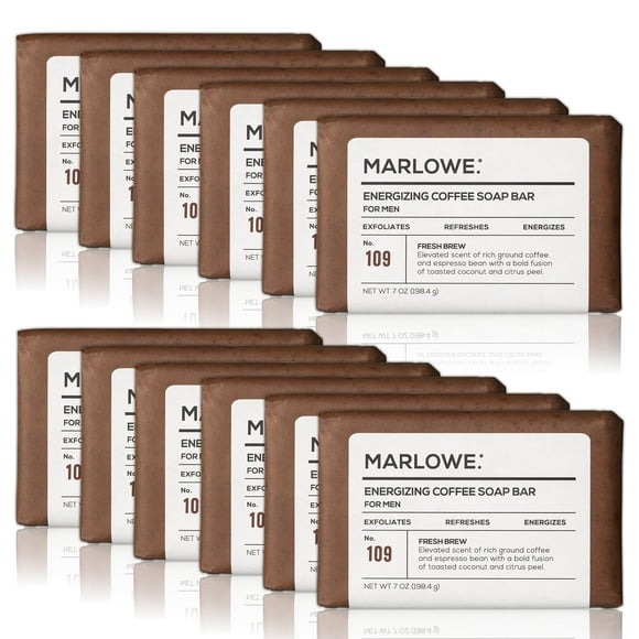 MARLOWE. No. 109 Coffee Bar Soap 7 oz (12 Bars), Body Scrub Soap for Men, Refreshing, Energizing, Exfoliating Soap with Natural Extract, Caffeine, Coffee Bean & Cocoa