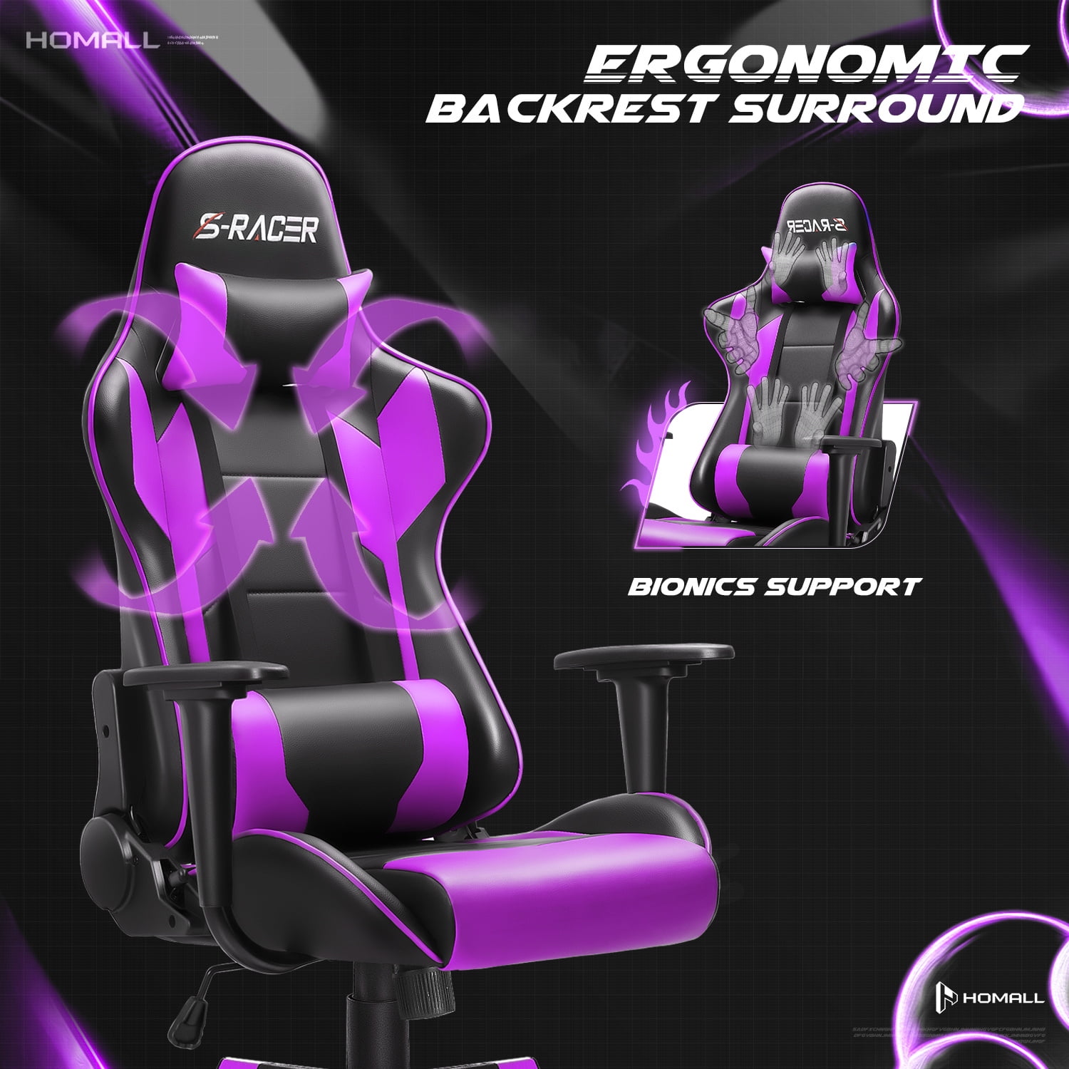 Homall Gaming Chair Office Chair High Back Computer Chair Leather Desk Chair Racing Executive Ergonomic Adjustable Swivel Task Chair with Headrest and Lumbar Support, Purple