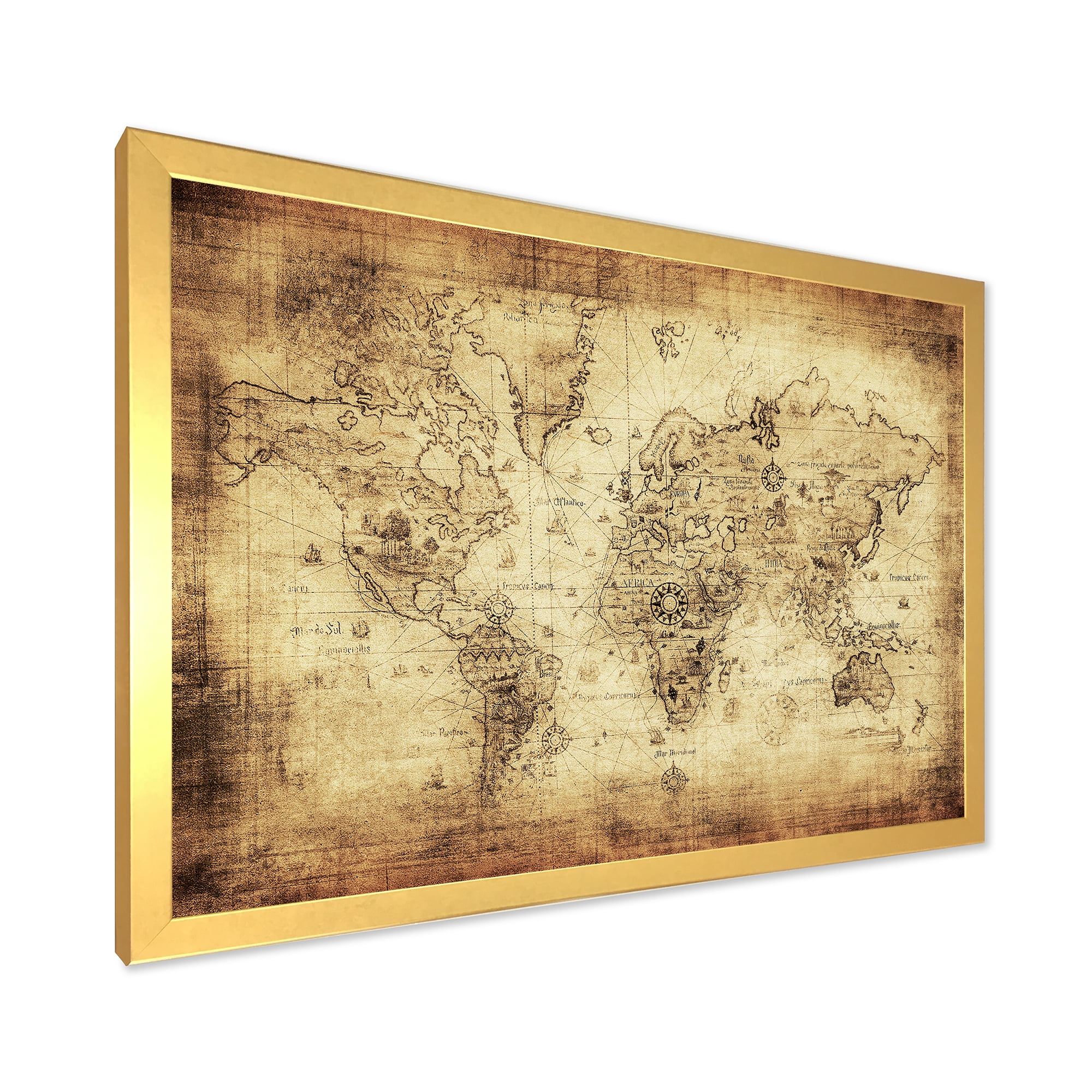 Designart 'Ancient World Map IV' Vintage Framed Art Print
