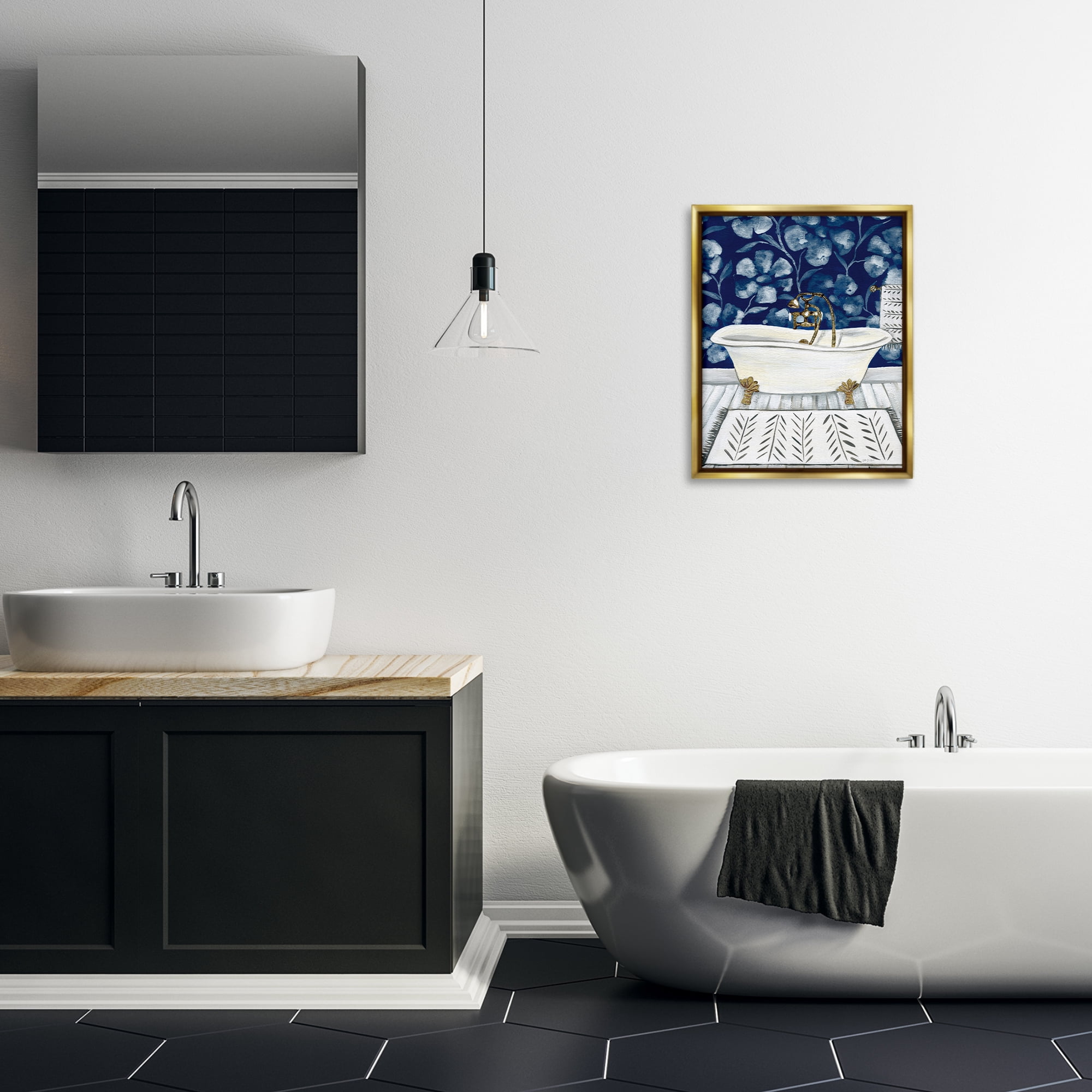 Stupell Industries Bold Blue Bathtub Typography Painting Gold Floater Framed Canvas Art Print Wall Art, 17 x 21