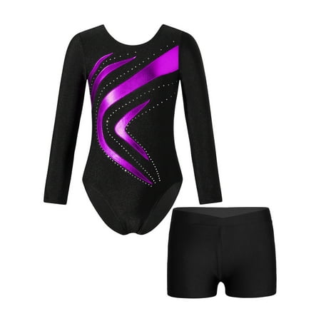 inhzoy Kids Girls Shiny Metallic Gymnastic Dance Suit Long Sleeve Bodysuit Leotard with Shorts Sizes 4-14 Purple-A 8