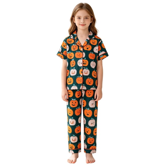Shadoumai Halloween Pajamas for Big Round Neck Ghost Print Long Sleeve Family Easter Outfits Matching Sets Comfortable Conditioning Clothes 2 Piece Summer Loungewear