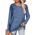 thumbnail image 1 of Camiseta informal holgada, de color liso y cuello redondo suave para primavera, otoño e invierno - Azul XXL Camiseta de manga larga para mujer, 1 of 6