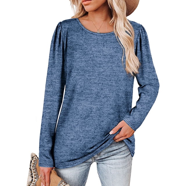 Camiseta informal holgada, de color liso y cuello redondo suave para primavera, otoño e invierno - Azul XXL Camiseta de manga larga para mujer