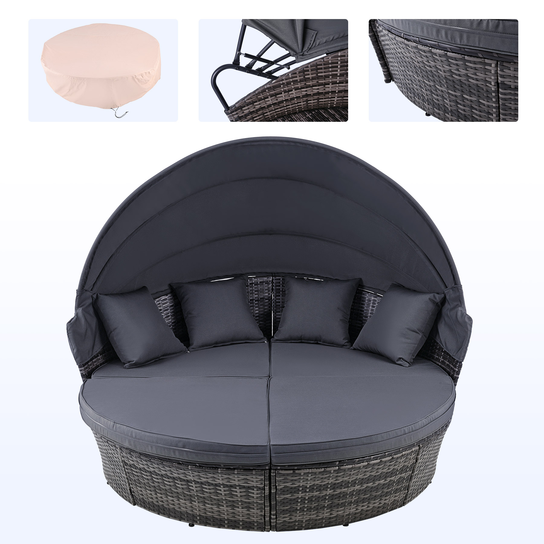 Bestco Outdoor Daybed w Retractable Canopy 4 Piece, Outdoor Sectional Sofa Set with Rattan Daybed or 4 Chairs, Retractable Canopy, Pillows, Water-Resistant Cover, Gray