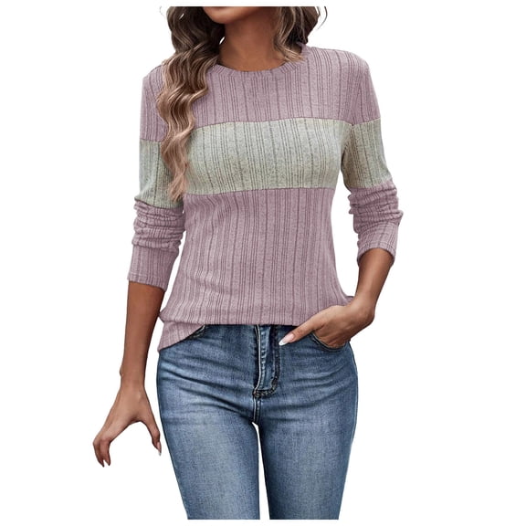 larppty Women Knit Color Block Striped Long Sleeve Sweaters Crew Neck slim Trendy Striped sweater sweatshirts 2025 Fashion Clothing (Pink, XXL)
