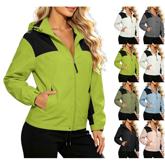 Women Color Block Hooded Windbreaker Full Zip Cropped Outdoor Jacket Elastic Cuff Pocketed Lightweight Fall Windproof Coat