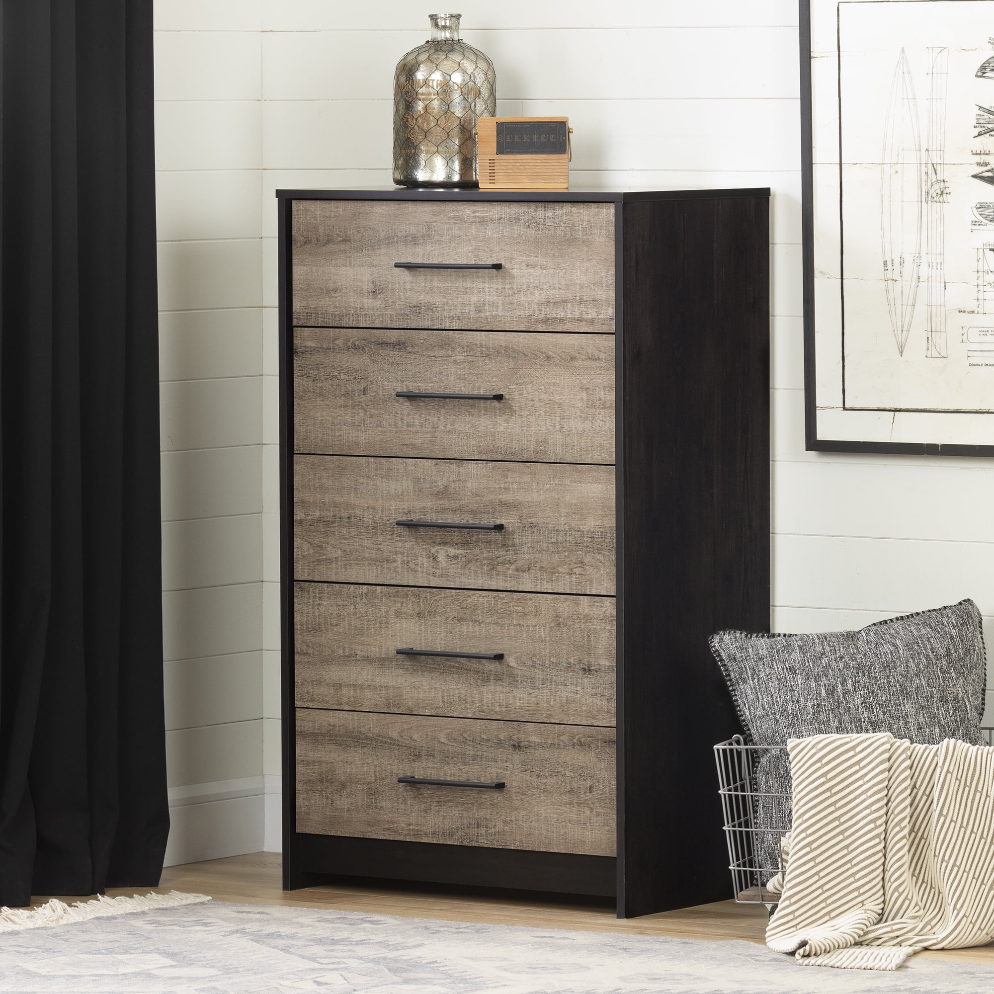 South Shore Londen 5-Drawer Chest for Adult, in Rubbed Black and Weathered Oak