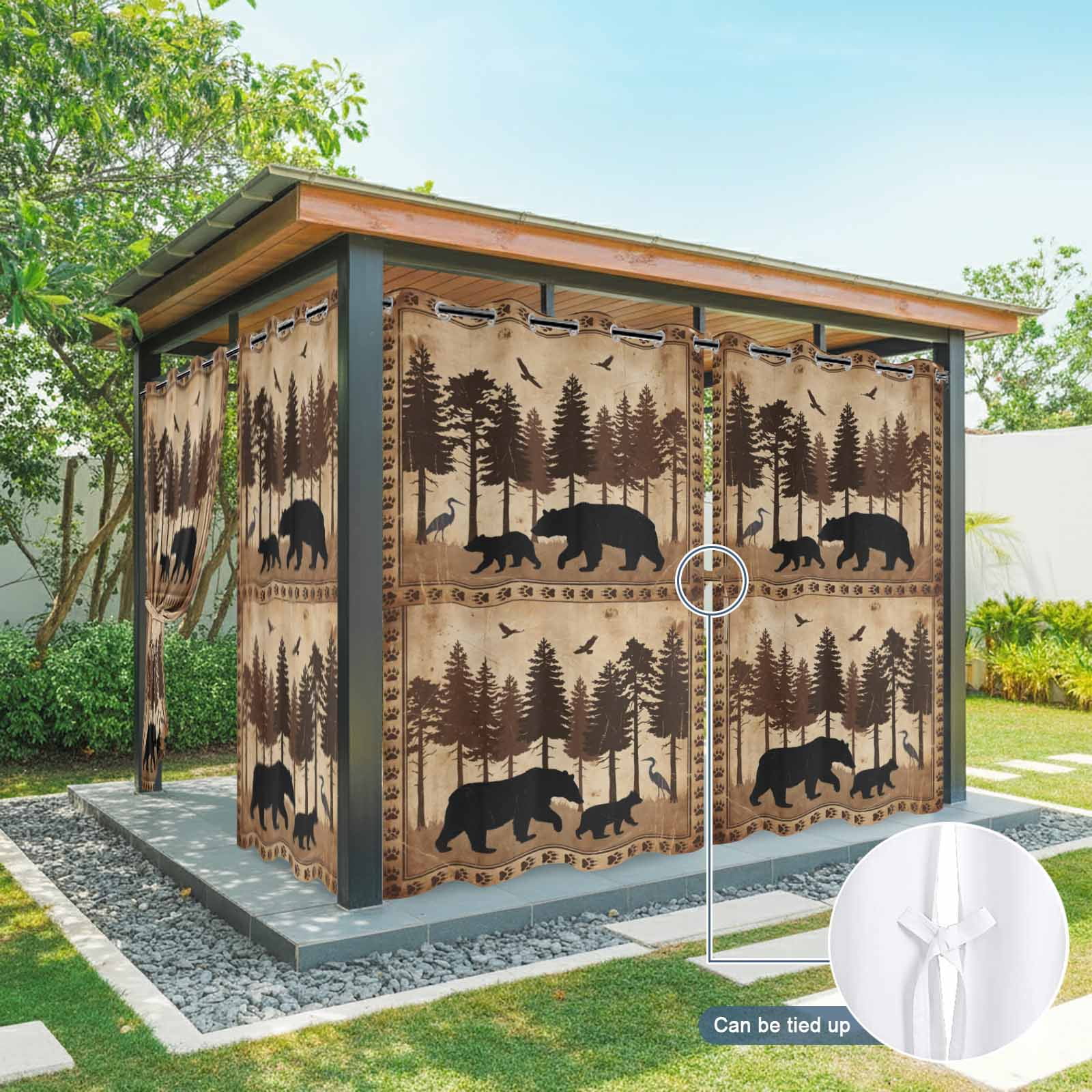 Wildlife Outdoor Curtains for Patio, Rustic Forest Birds Black Bear Silhouettes Sunshade Privacy Drapes Grommet Waterproof Outside Curtains for Porch/Cabana/Balcony 54"x 108", 1 Panel
