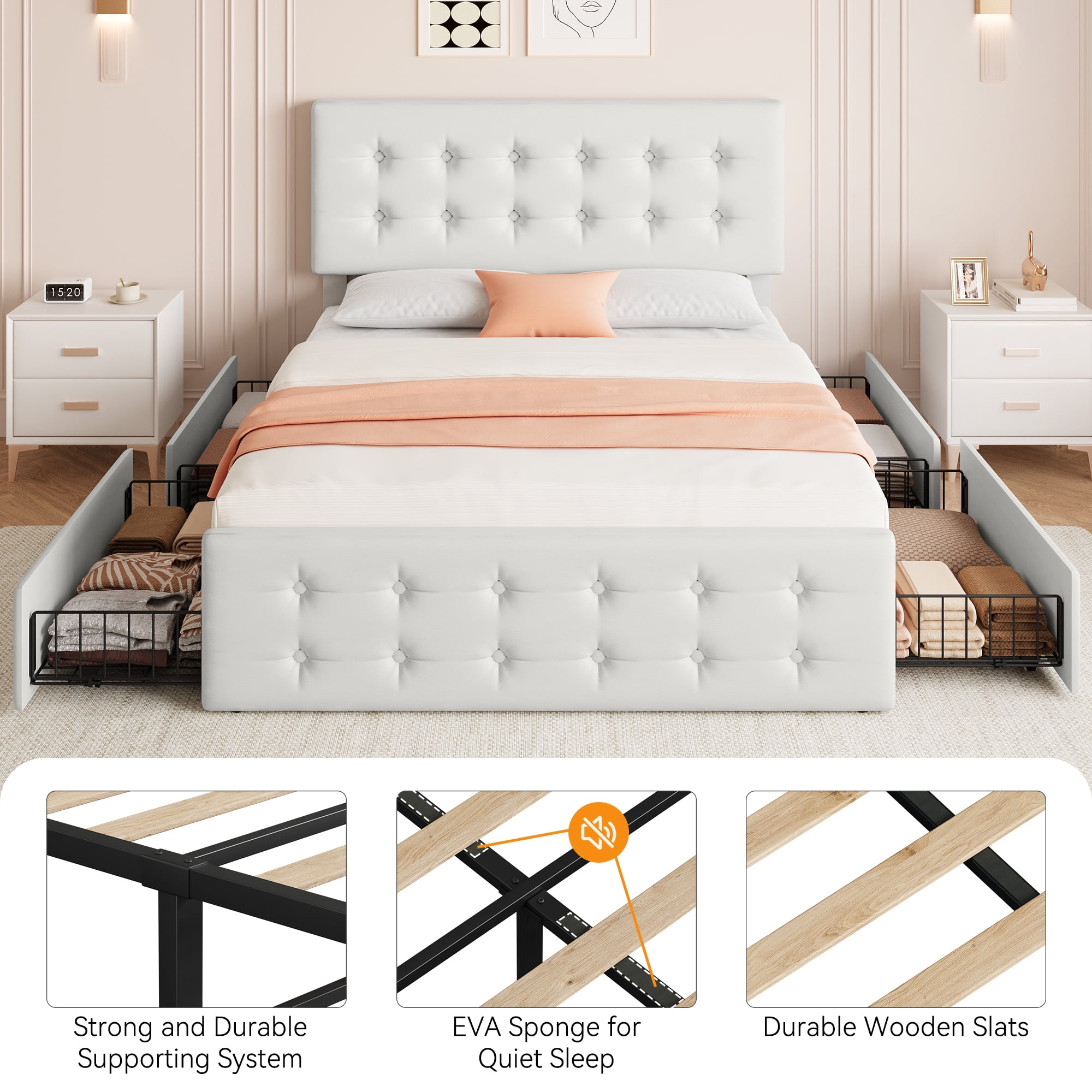 Huisuilinss Linen Upholstered Platform Bed Frame Queen Size Bed Frame With Button Tufted Design Headboard Full Size Bed Frame With 4 Storage Drawers Wooden Slats Support No Box Spring Needed
