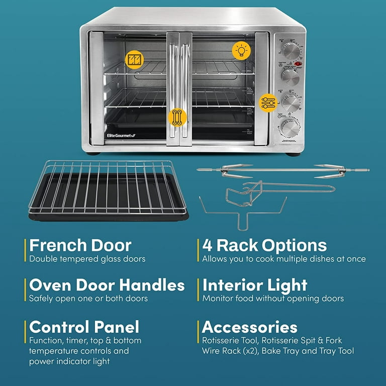 Elite Gourmet EAF1222SS Air Fryer Oven Double French Doors, Bake