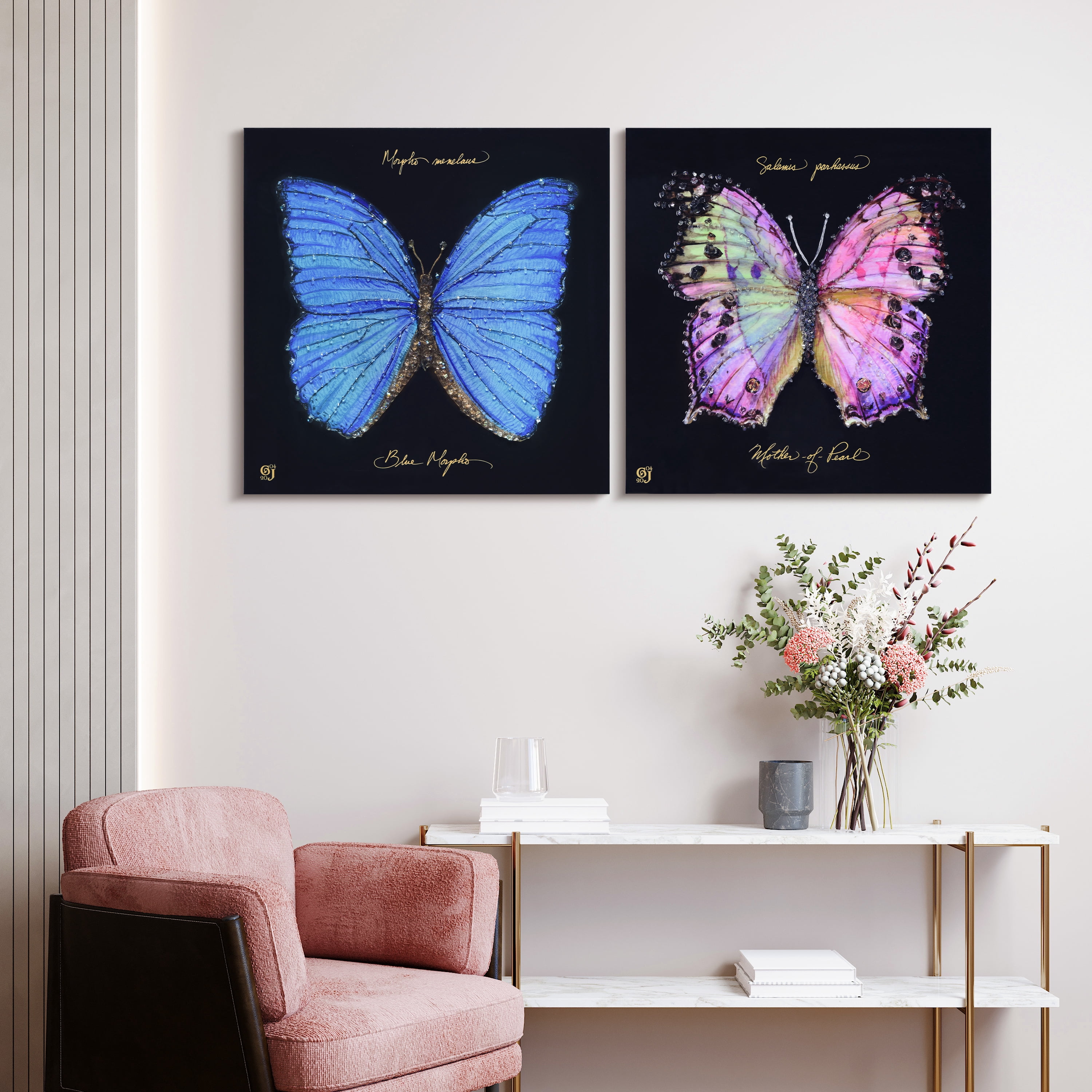 "Monarch Elegance Set" Crystallus Epoxy Coated Wrapped Glossy Butterfly Canvas Wall Art with Heavy Acrylic Crystal Shards Embellishments, Gold Foil Accents