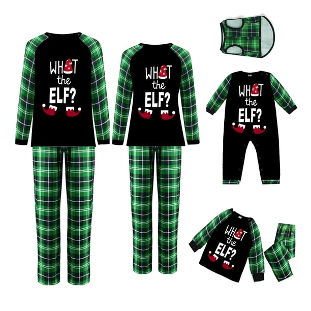 Pijamas navideños familiares a juego, camisetas de manga larga con estampado de elfos y letras + pantalones a cuadros. Pijama que brilla en la oscuridad.