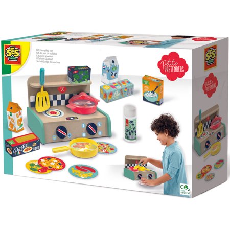 SES Creative: Kitchen Play Set - 16 Piece Toy Set Wood Kitchen Playset Accessories Tools Supermarket Items &Dishes Petite Pretenders Kids Age 3+