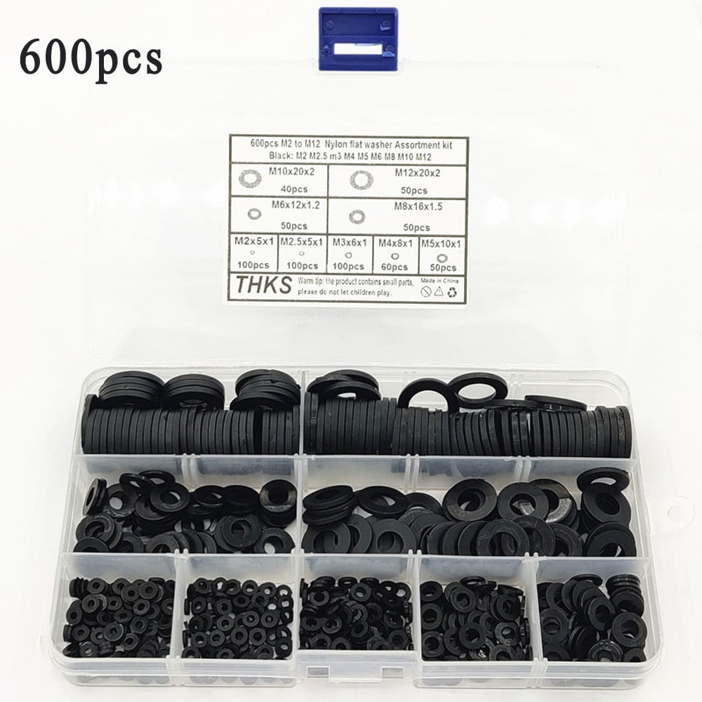 Box 600pcs 9 Sizes Black Nylon Flat Washers Gasket Assortment Kit M2-M12 