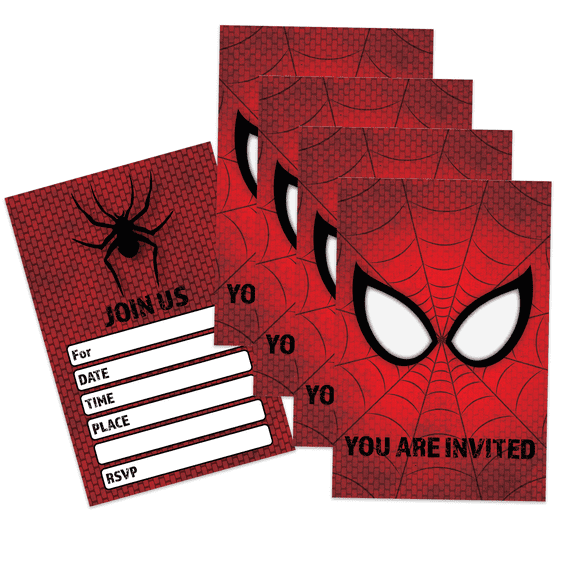 Spiderweb Superhero Birthday Party Invites For Boys Kids - 20 Count of 4 x 6 Inch Double Sided Fill-In Invitations With Wet To Seal Envelopes