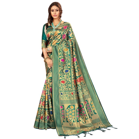 Sarees for Women Linen Banarasi Art Silk l Indian Rakhi Wedding Diwali Gift Sari with Unstitched Blouse Teal