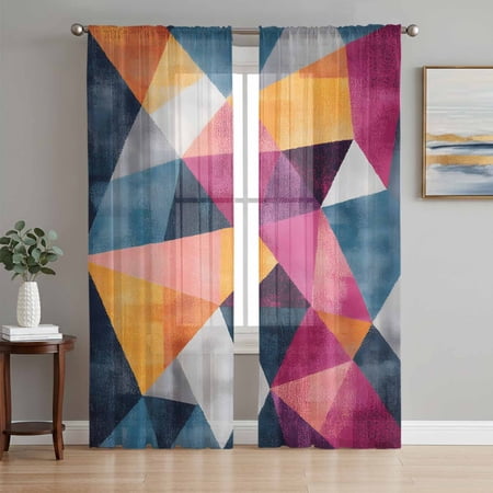 Blue Pink Rhombus Sheer Curtains 72 Inch Length 2 Panels Set Abstract Geometric Artwork Voile Window Treatment Rod Pocket Curtains Sheers Drapes for Bedroom/Living Room/Kitchen 52 x72 x2