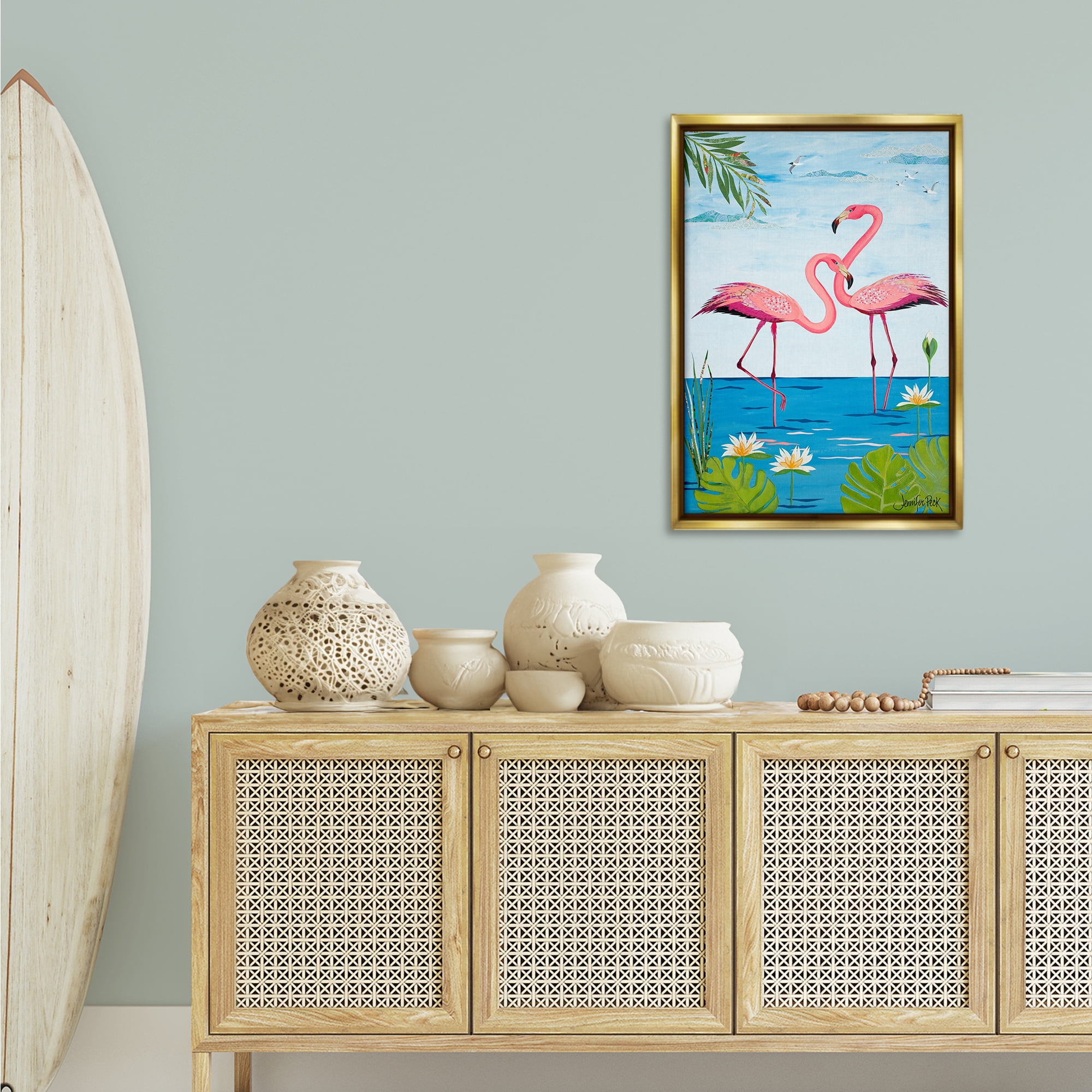 Stupell Industries Pretty In Pink Flamingos Animals & Insects Painting Gold Floater Framed Canvas Art Print Wall Art, 21 x 31
