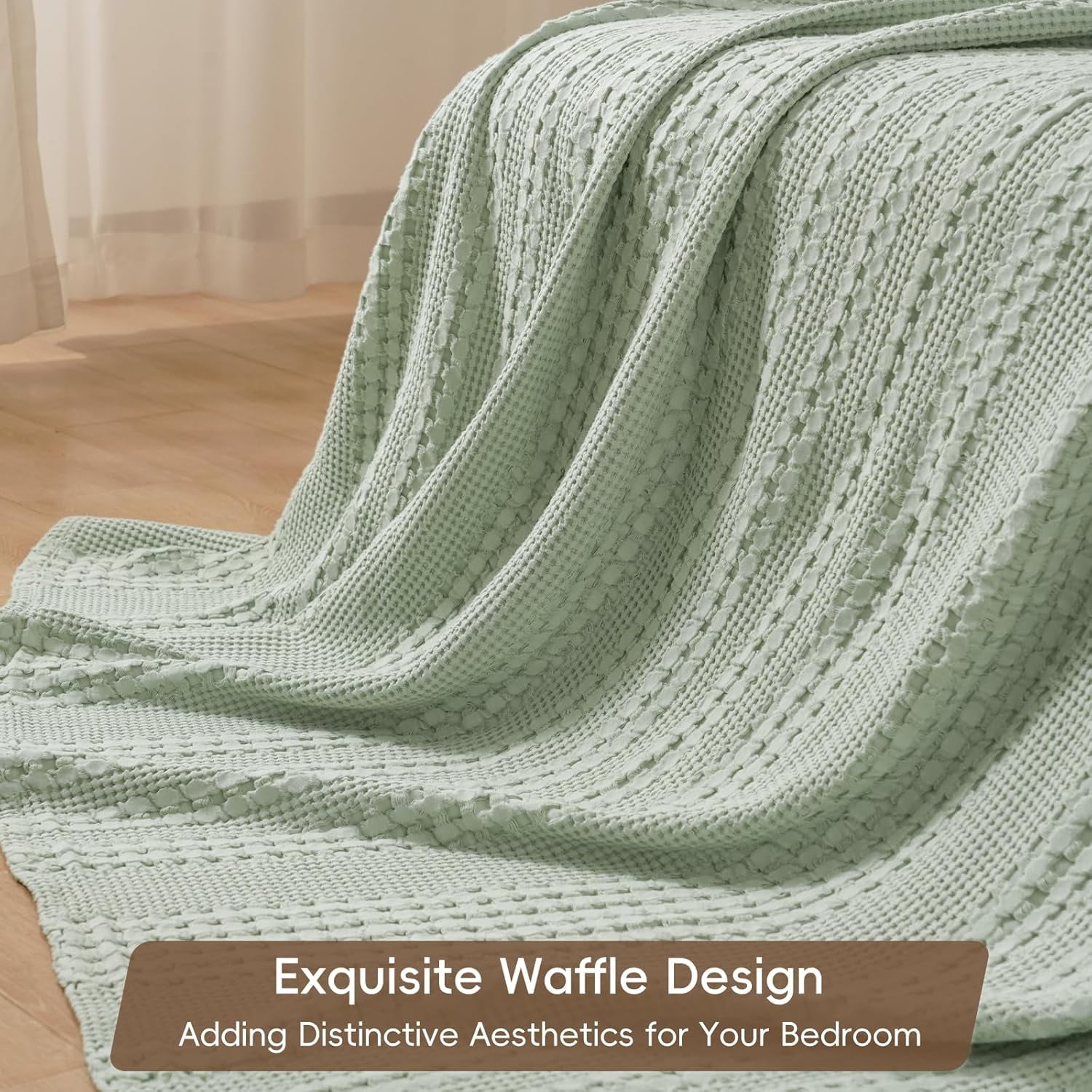 PHF 100% Cotton Waffle Weave Blanket, Lightweight Throw Washed Blanket for Bed Sofa Home Decor, Sage Green, 50"x60"