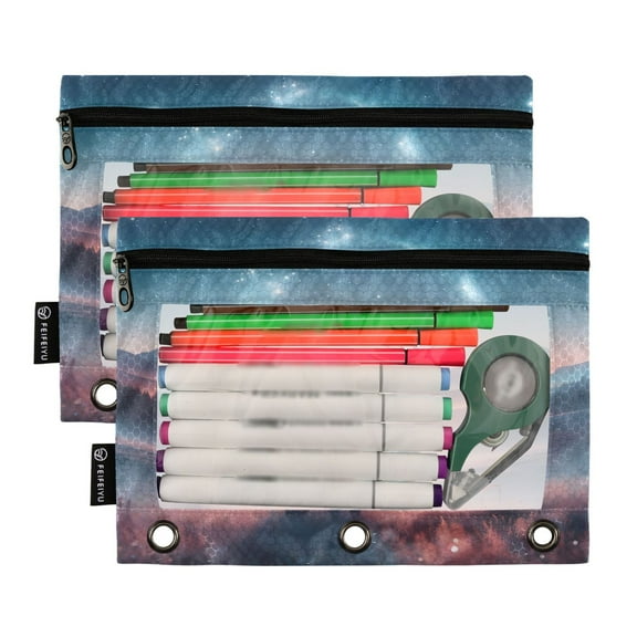 2 Pack Pencil Pouch for 3 Ring Binder Smooth Zipper Folders with Pockets Clear Window Pencil Case Elk under Night Sky