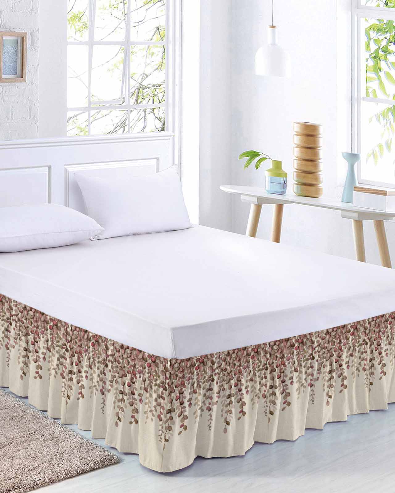 Eucalyptus Leaf Bed Skirt Queen Size 18 Inch Drop, Country Red Leaves Flora Plant Linen Texture Adjustable Elastic Dust Ruffles Bedskirt for Queen Bed Wrap Around Pleated Mattress Frame Cover