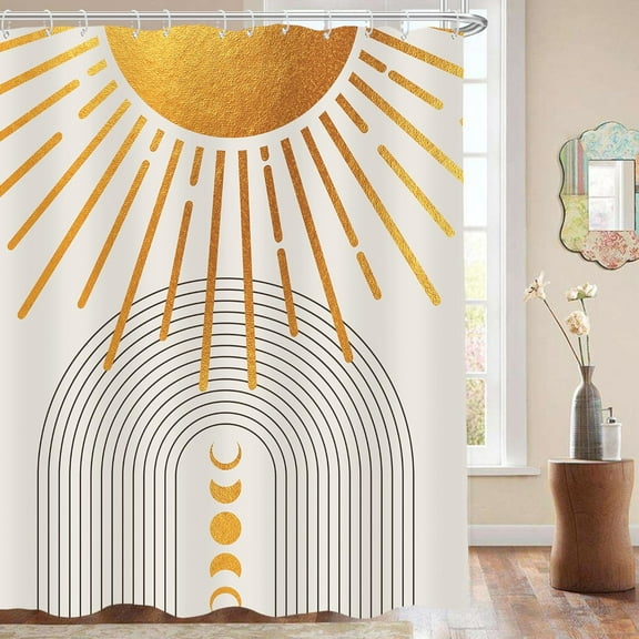 Mid Century Sun Shower Curtain 72Wx72L Inch Boho Abstract Arch Moon Phase Aesthetic Modern Minimalist Beige Artwork Cloth Fabric Waterproof Polyester Bathroom Decor Set with 12 Pack Hooks