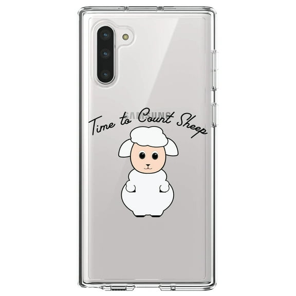 DistinctInk Clear Shockproof Hybrid Case for Samsung Galaxy Note 10 (6.3" Screen) - TPU Bumper Acrylic Back Tempered Glass Screen Protector - Time to Count Sheep - Lamb