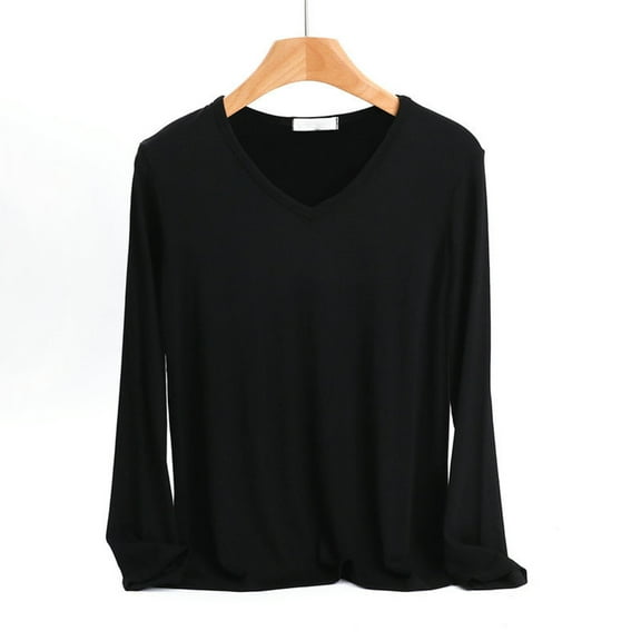 CQONEPT Long Sleeve Shirts for Womens V Neck Lightweight Undershitrts Solid Color Lounge Tunic Tops Black 2XL