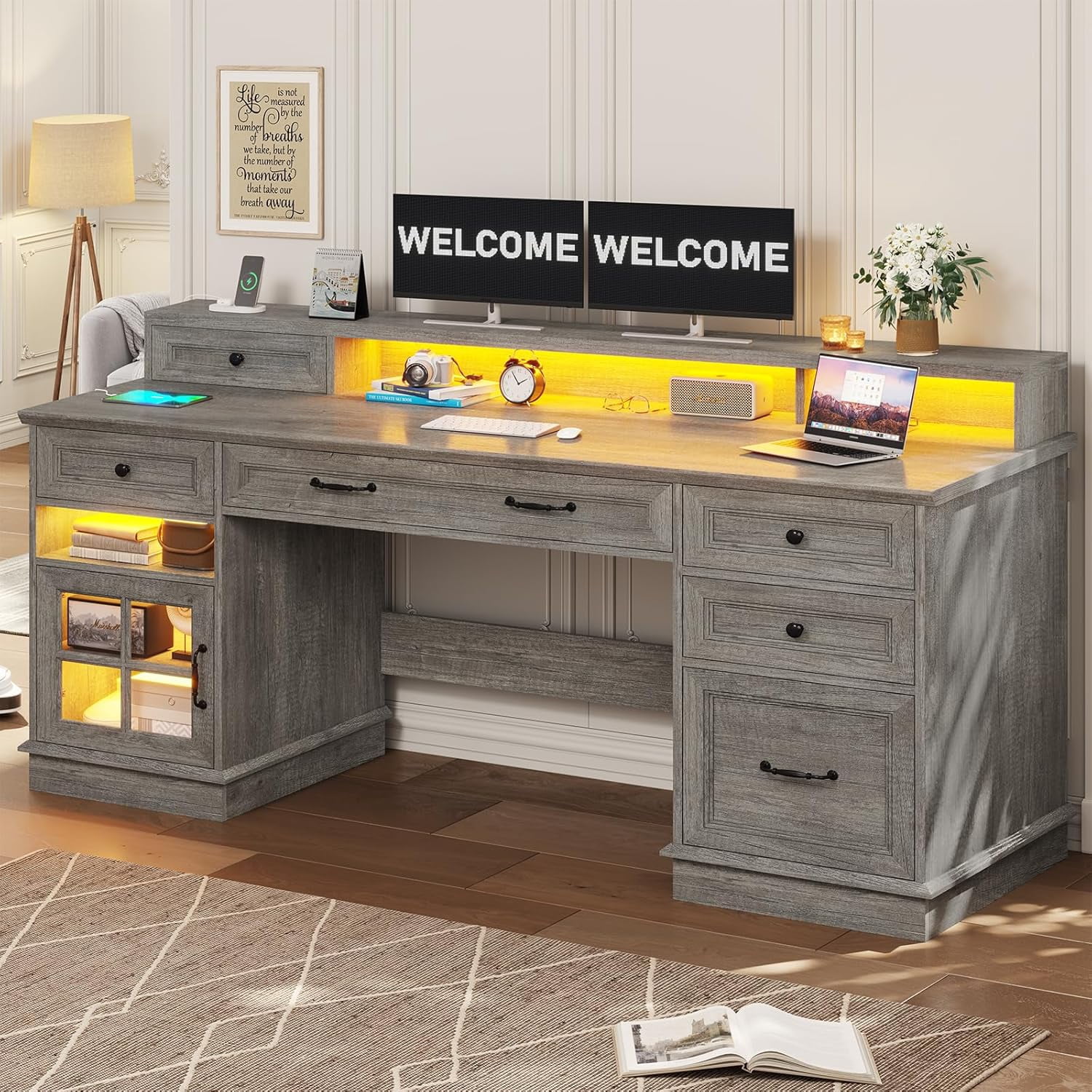 BTHFST Farmhouse Executive Desk with File Drawer, Computer Desk with Charging Station & LED Lights, Home Office Desk with Drawers & Storage Cabinet, Executive Office Desk with Monitor Stand, Grey